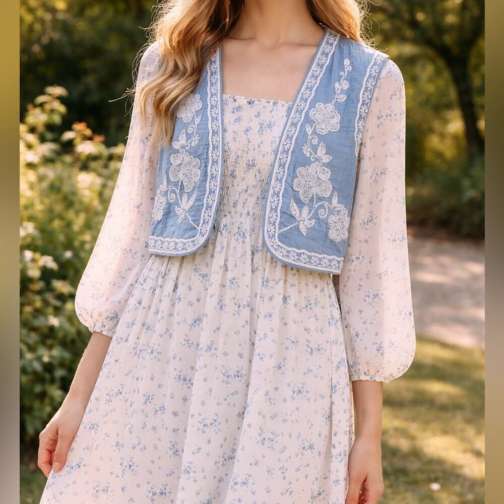 Zara Embroidered Floral Quilted Crop Vest in Blue Size Small